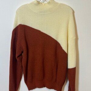 Rust and Cream Color Block Sweater,, Mock Turtleneck,  Womans Size Small